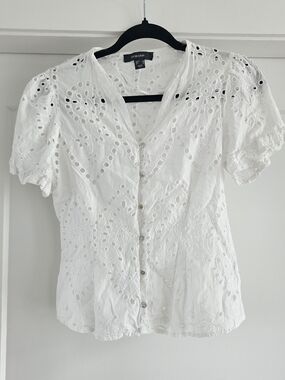 Primark White Eyelet Button-Up Puff Sleeve Blouse